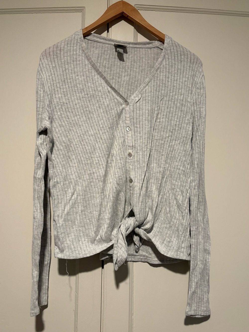 A New Day Ribbed Tie Front Long Sleeve Top